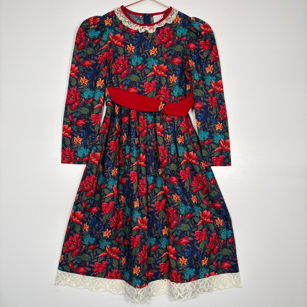 Ruth of Carolina Girls Dress Size‎ 10 Blue Floral Vintage Lace Trim Long Sleeve